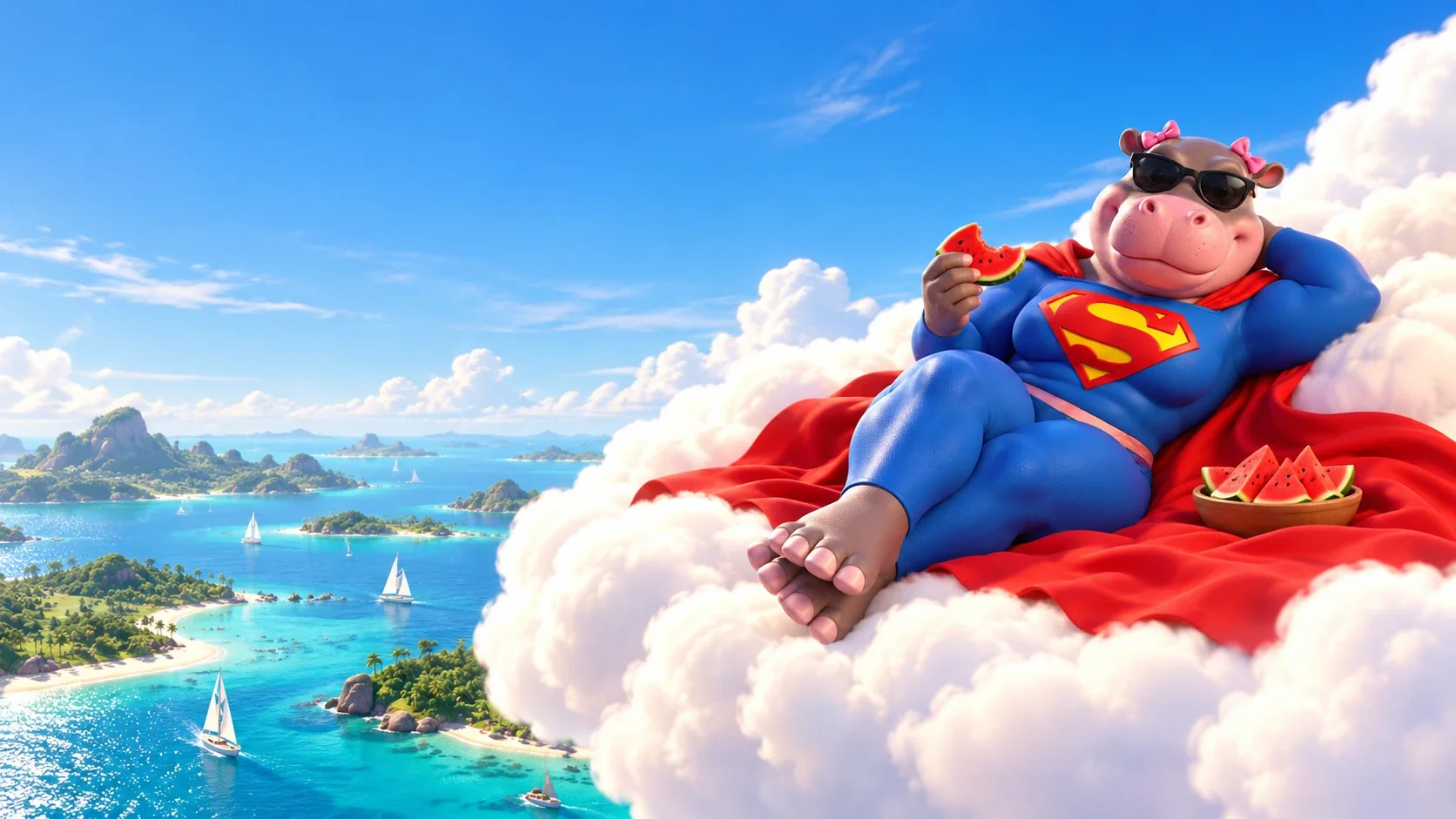 Super Pippo lying on a cloud above tropical islands, eating watermelon