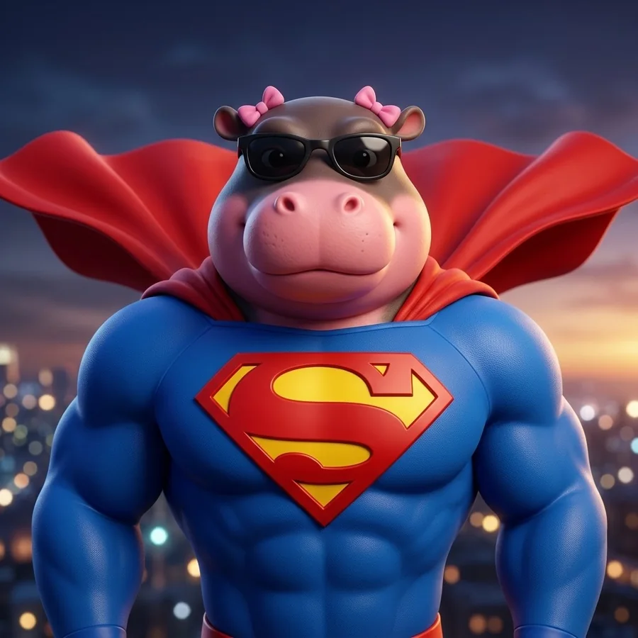 A very muscular hippo in a blue super suit and red cape, wearing sunglasses and two tiny pink bows on his ears