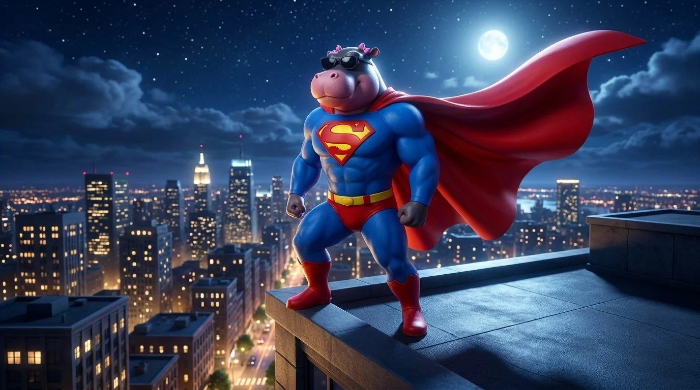Super Pippo standing on a rooftop at night, cape streaming, city lights below